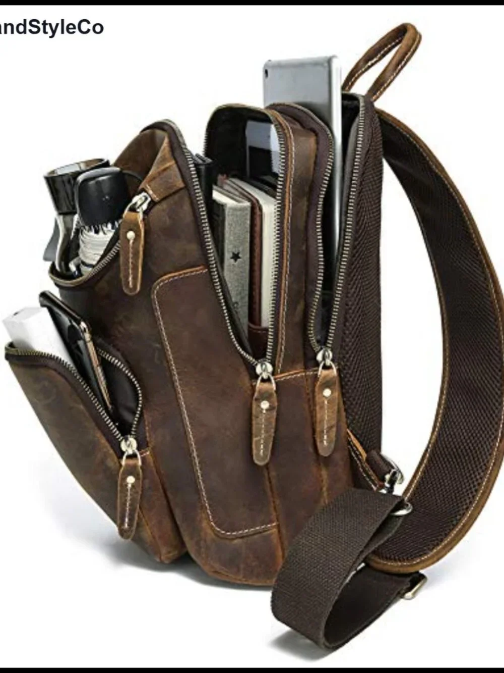 Vintage Full Grain Leather Sling Bag Crossbody Chest Daypack Hiking Travel Work